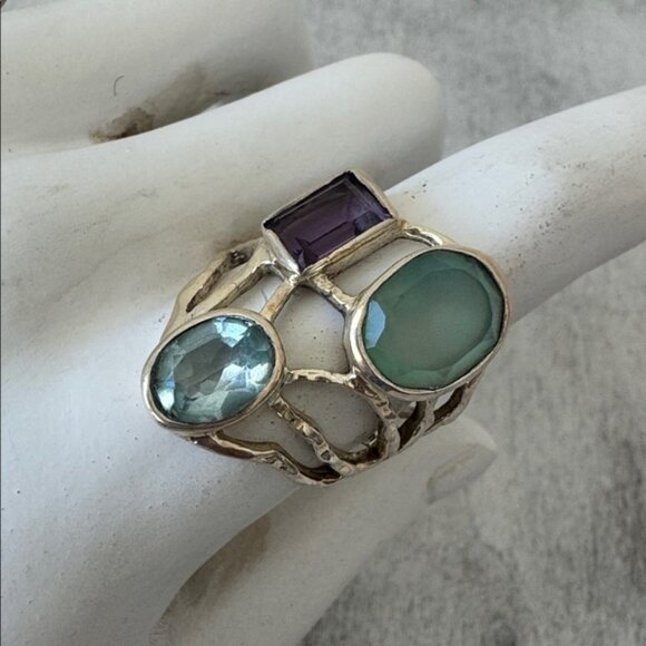 925 Sterling Silver Lacy Bezel Ring 3 Gemstones Purple, Blue & Aqua India Sz.7 - Picture 9 of 16